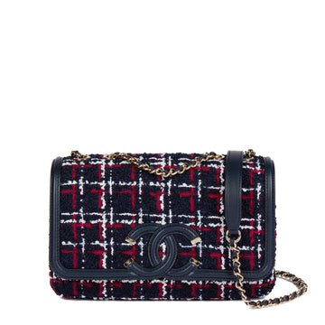 Chanel Navy, Red, White Tweed Fabric & Navy Lambskin Small Filigree Flap Bag