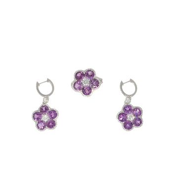 Earrings and Ring parure in 750 white gold set with amethysts enhanced with brilliant-cut diamonds