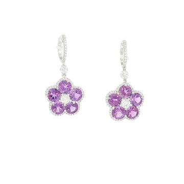 Pair of 750 white gold flower earrings set with amethysts enhanced with brilliant-cut diamonds