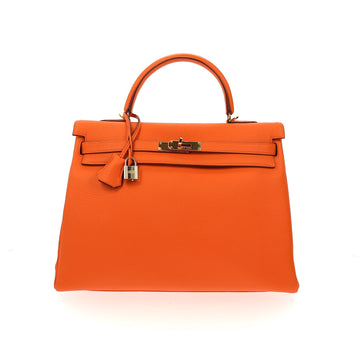 HERMES Kelly 35 Handbag in Orange Leather