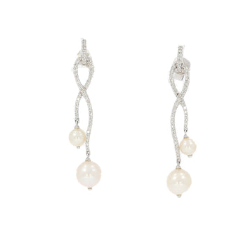 Pair of 750 white gold earrings set with brilliant-cut diamonds and retaining white cultured pearls