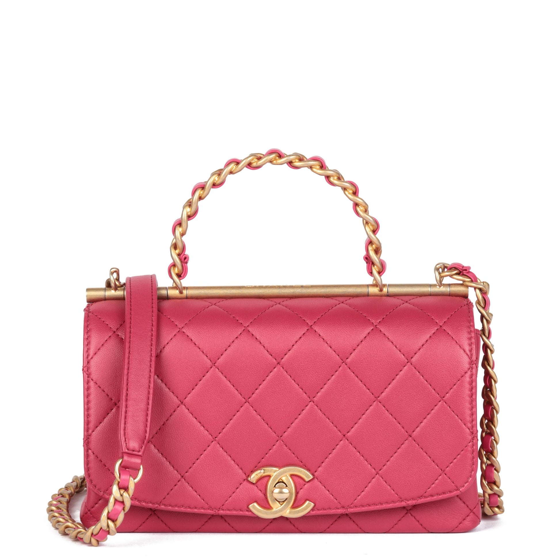 Chanel Pink Quilted Lambskin Vintage Small Top Handle Classic