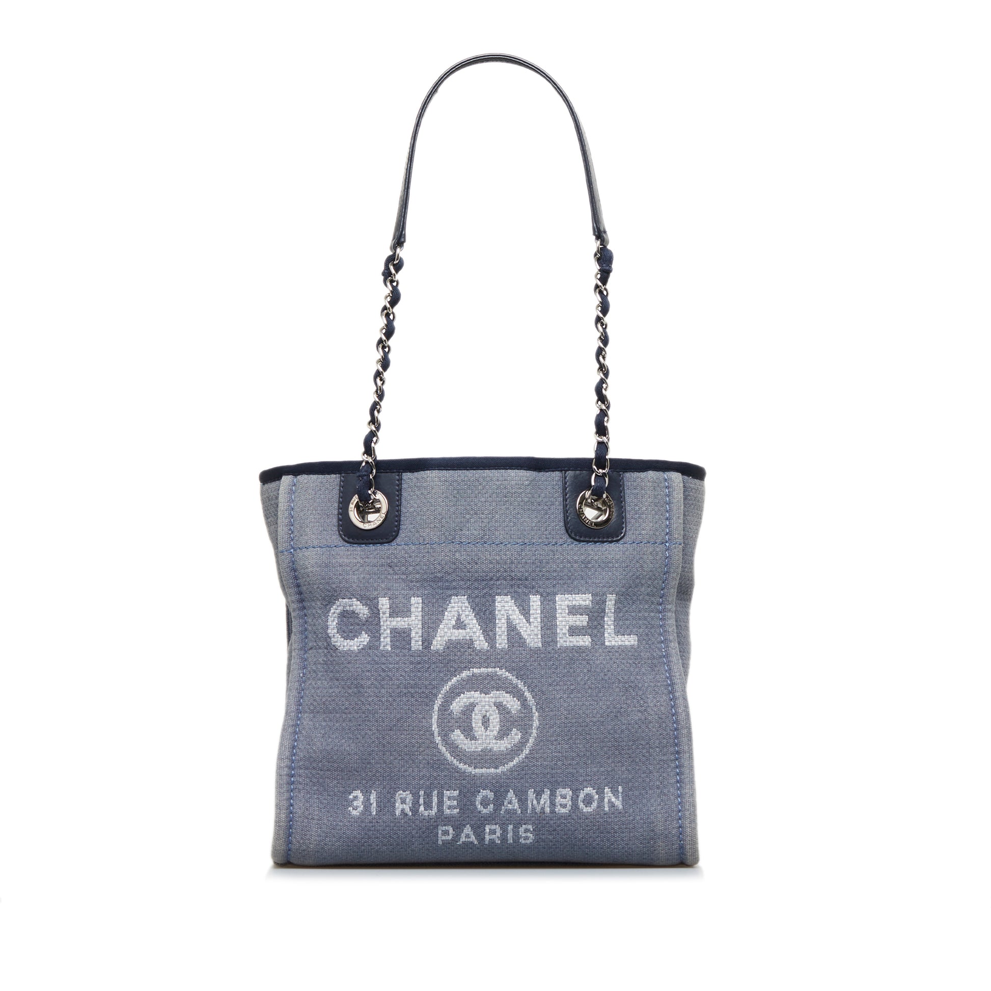 CHANEL Deauville Tote Large Navy Canvas Silver Hardware 2018