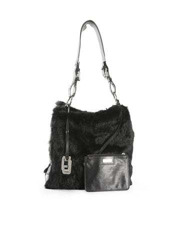 DOLCE & GABBANA Black Cracked Leather & Fur Hobo Bag