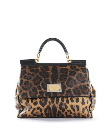 DOLCE & GABBANA Black/Brown Leopard Print Coated Canvas & Leather Large Miss Sicily Top Handle Bag