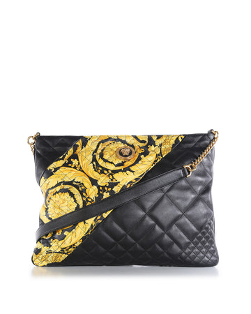VERSACE Black & Gold Quilted Leather Hibiscus Print Tote Bag