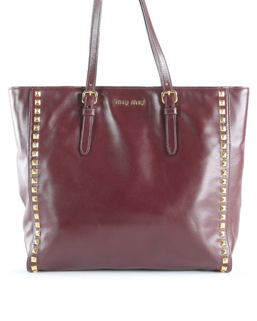 MIU MIU Burgundy Leather Studded Tote Bag