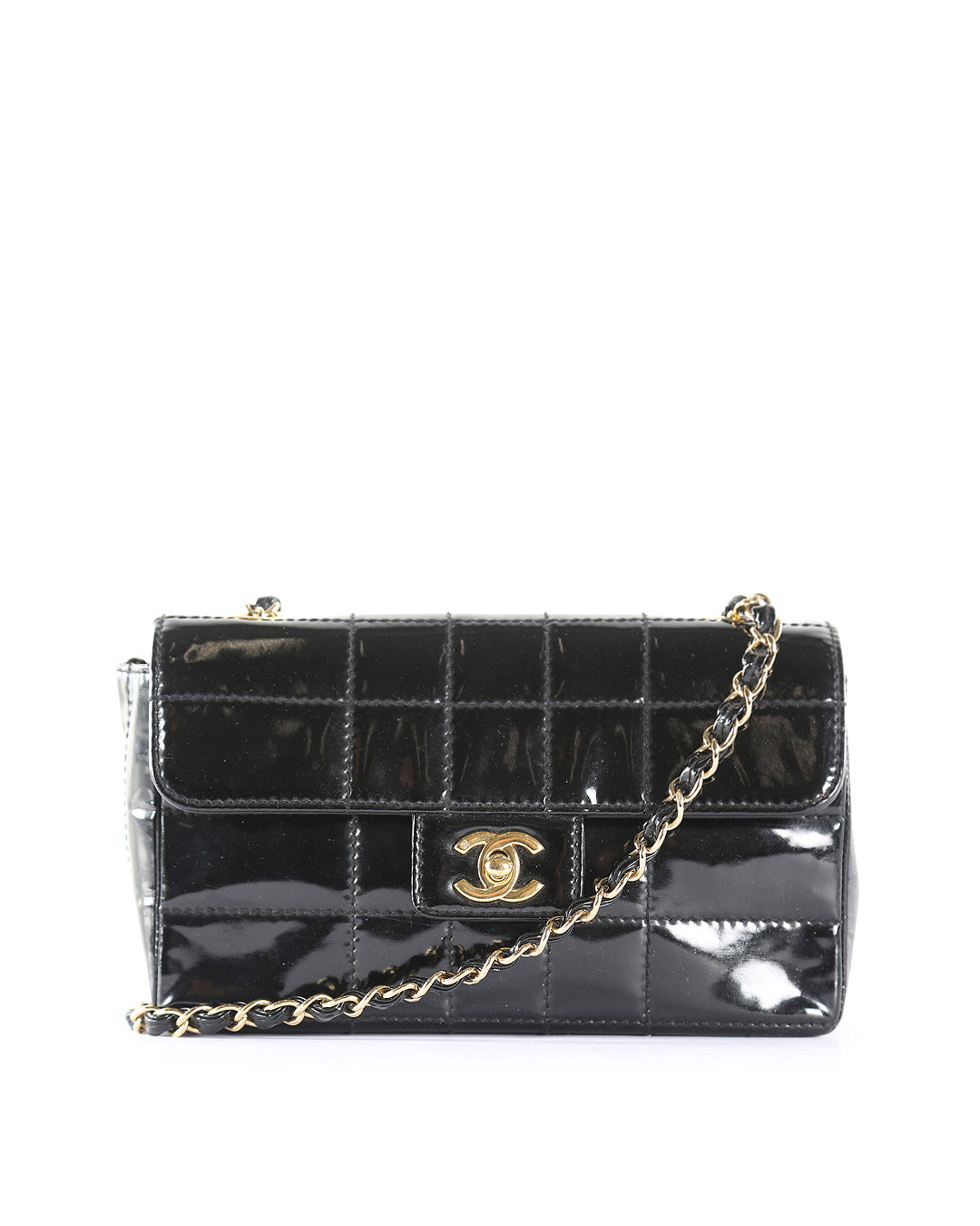 CHANEL Black Patent Leather Quilted Chocolate Bar Shoulder Bag