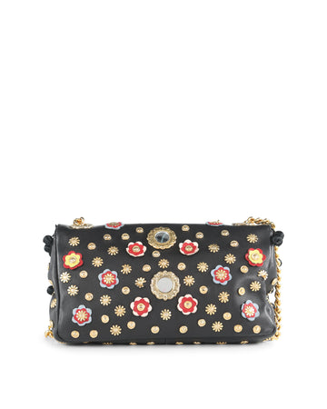MOSCHINO Black Leather Floral Applique Clutch