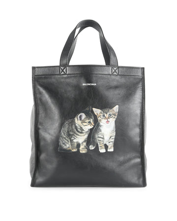 BALENCIAGA Black Leather Small Kittens Market Shopper Tote Bag