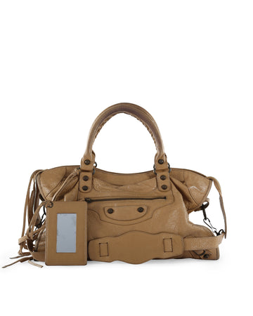 BALENCIAGA Beige Distressed Leather Motorcycle City Bag