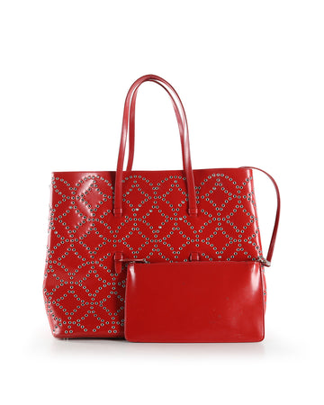 ALAIA Red Lazer Cut Leather Tote Bag With Pouch