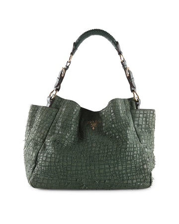 PRADA Green Crocodile Embossed Leather Tote Bag With Sides Pockets