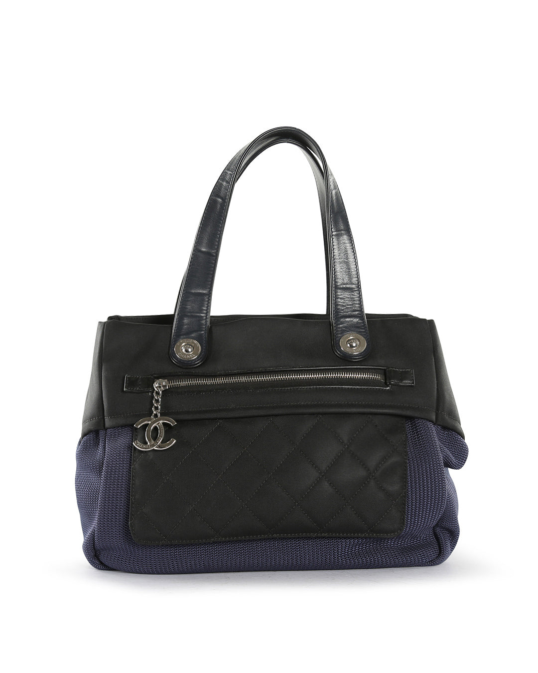 CHANEL Navy Blue/Black Knit & Canvas Tote Bag