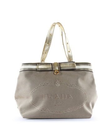 PRADA Beige/Gold Jacquard Canvas & Leather Handles Logo Tote Bag