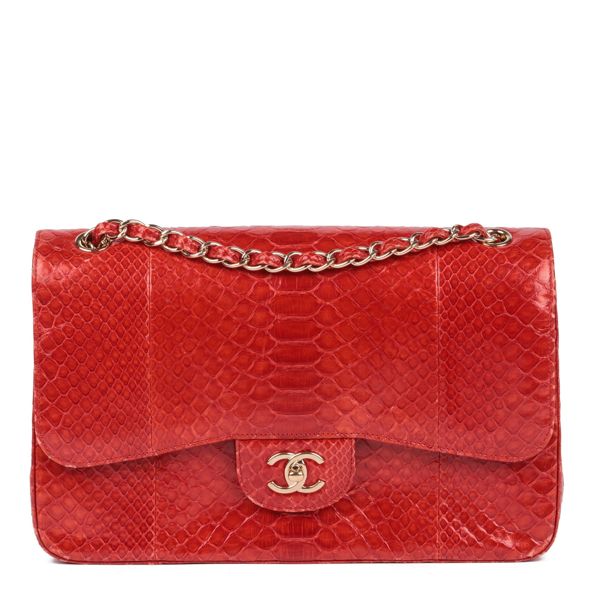 Chanel Red Python Leather Jumbo Classic Double Flap Bag