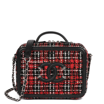 Chanel Red Tweed & Black Lambskin Leather Small Filigree Vanity Case Shoulder Bag