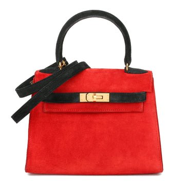 Hermes Rouge Vif & Black Veau Doblis Suede Vintage Kelly 20cm Sellier Shoulder Bag