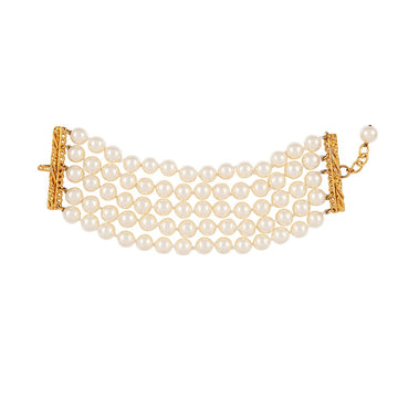 1984 Vintage Chanel Multi Strand Choker Necklace Faux Pearls Yellow Gold Tone