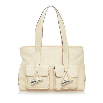 BURBERRY Leather Horn Toggle Tote Bag White