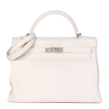 Hermes White Clemence Leather Kelly 32cm Retourne Shoulder Bag