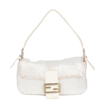 Fendi White Iridescent Embellished Satin & Calfskin Leather Vintage Baguette Shoulder Bag
