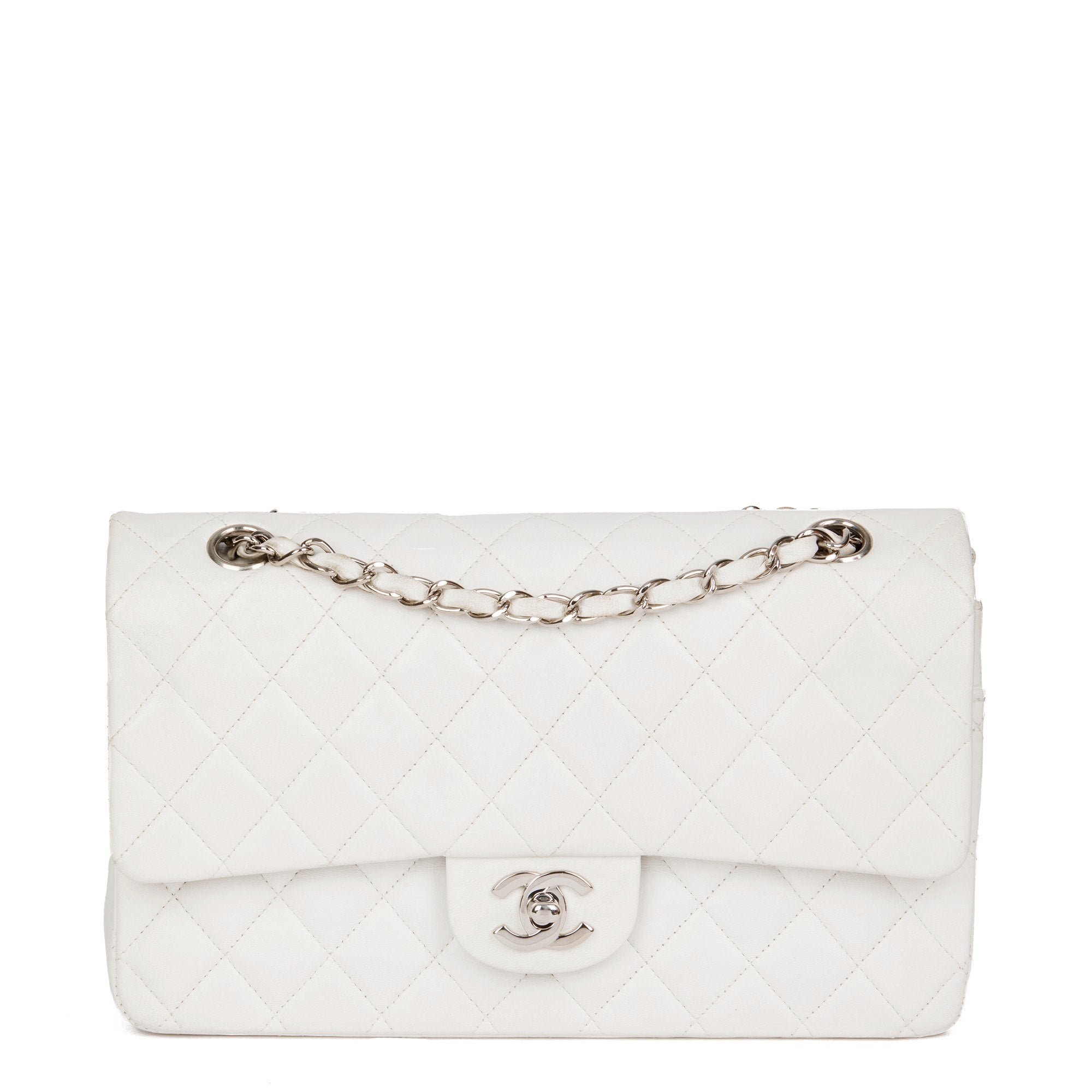 Chanel White Quilted Lambskin 25cm Classic Double Flap Bag with