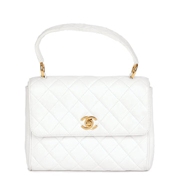 Chanel White Quilted Lambskin Vintage Classic Kelly Top Handle Bag