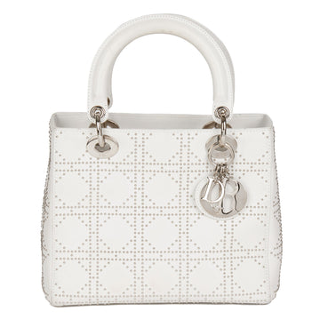 Christian Dior White Studded Calfskin Leather Medium Lady Dior Shoulder Bag