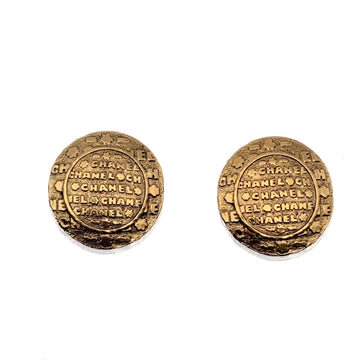 CHANEL Vintage Gold Metal Round Embossed Clip On Earrings
