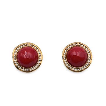 CHANEL Vintage Round Gold Metal Clip On Red Cabochon Earrings