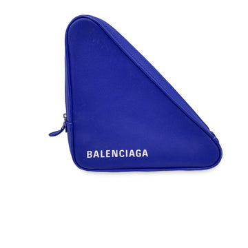 BALENCIAGA Blue Leather Leather Logo Print Triangle Clutch Bag