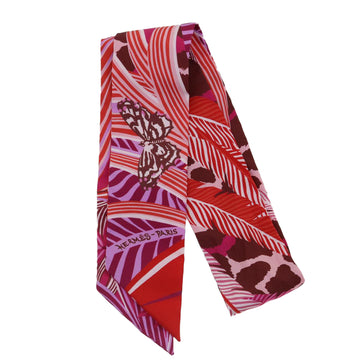 HERMES Twilly Leopard Plant Butterfly Pattern Scarf Silk Red Purple Auth am3733