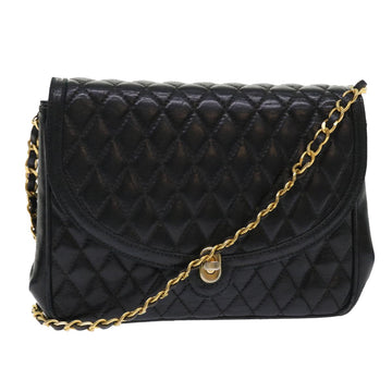 BALLY Chain Quilted Shoulder Bag Leather Black Auth am4635