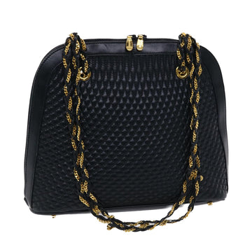 BALLY Quilted Chain Shoulder Bag Leather Navy Auth am4798
