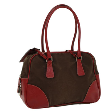 PRADA Shoulder Bag Canvas Leather Brown Red Auth am4966