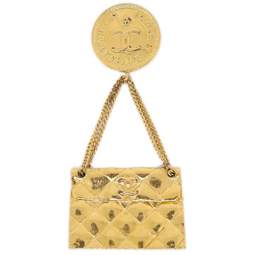 CHANEL 1991 Quilted Bag Brooch Pin Gold 26 ao25974