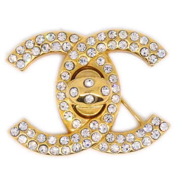 CHANEL 1997 Crystal & Gold CC Turnlock Brooch Pin Small