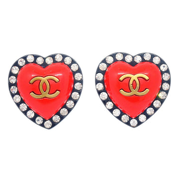CHANEL 1995 Heart Rhinestone Earrings Clip-On Red AO34605