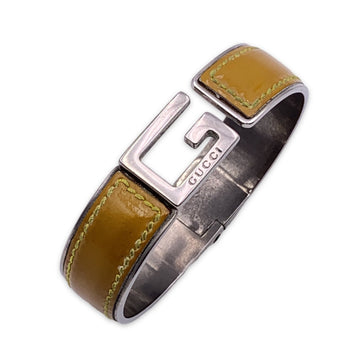 GUCCI Silver Metal Yellow Patent Leather G Logo Bangle Bracelet