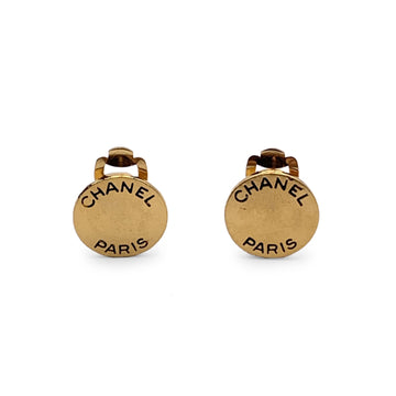 CHANEL Paris Vintage Gold Metal Small Round Logo Clip On Earrings