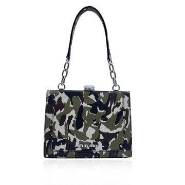MIU MIU Military Green Camouflage Print Leather Handbag With Crystal