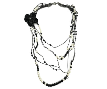 CHANEL Black CC Beaded Flower Pin Black Bead Pearl 5 Strand Necklace