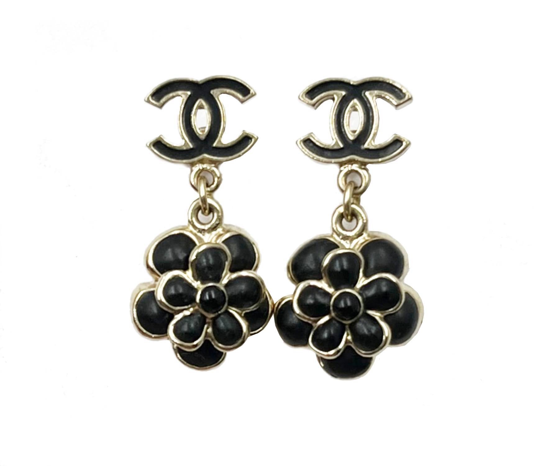 CHANEL Vintage Gold Black CC Flower Dangle Piercing Earrings