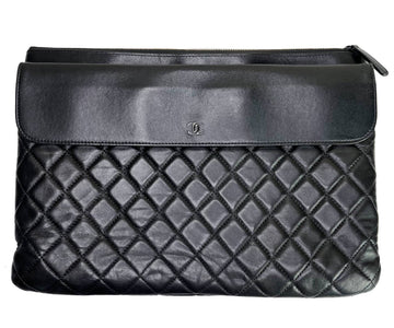 CHANEL Black Leather Flap Quilted Large Clutch