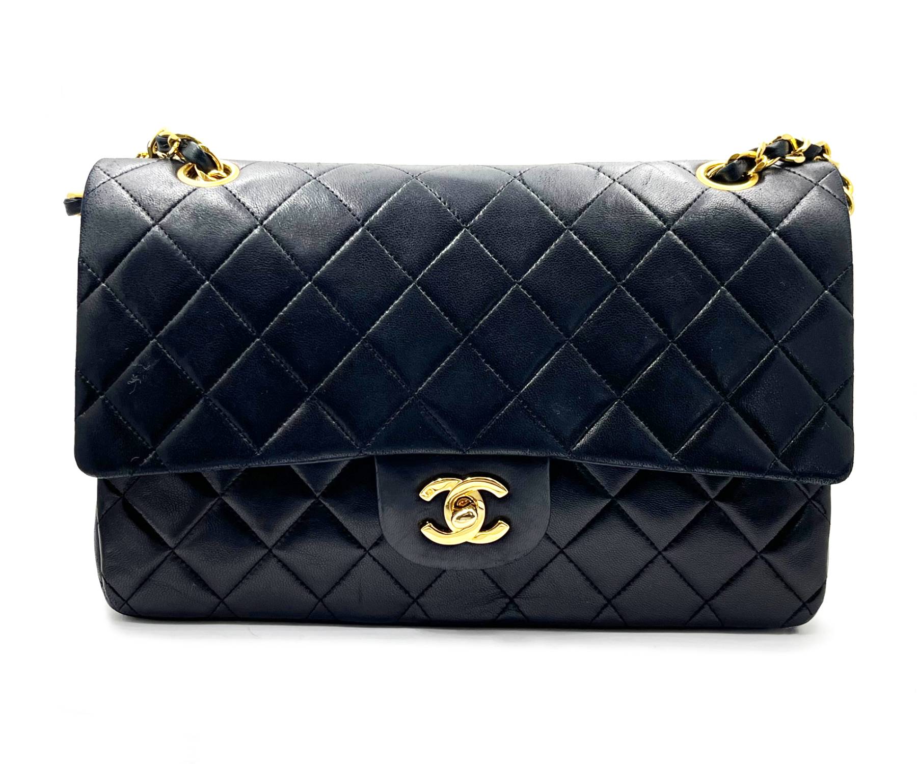 CHANEL Black Lambskin Quilted Leather 24K Gold Plated Shoulder Maxi/Jumbo Flap