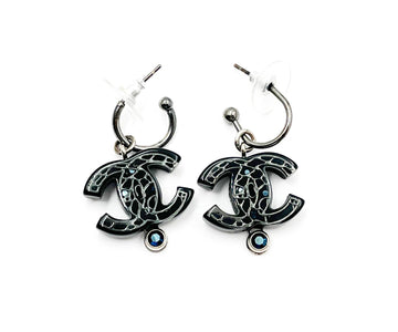 CHANEL Black Globe Blue Stone Dangle Hoop Piercing Earrings