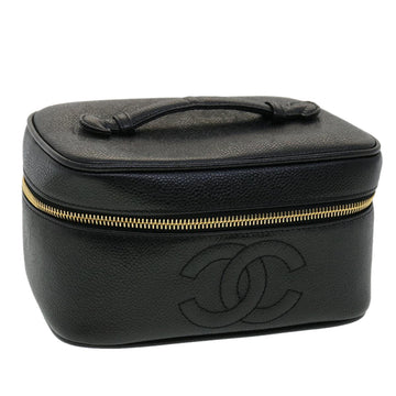 CHANEL Vanity Cosmetic Pouch Caviar Skin Black CC Auth bs2949A