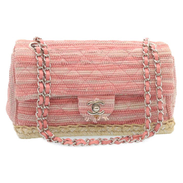 CHANEL Chain Flap Shoulder Bag Turn Lock Canvas Pink CC Auth bs334A