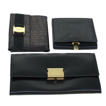 SALVATORE FERRAGAMO Wallet Leather 3Set Black Auth bs5102